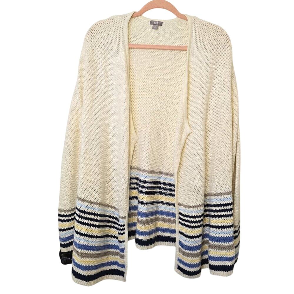 J Jill Striped Cream Long‎ Lined Cotton Visco Cardigan XL